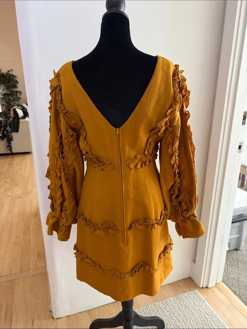 C/MEO Collective Mustard Ruffle V‑Neck Mini Dress